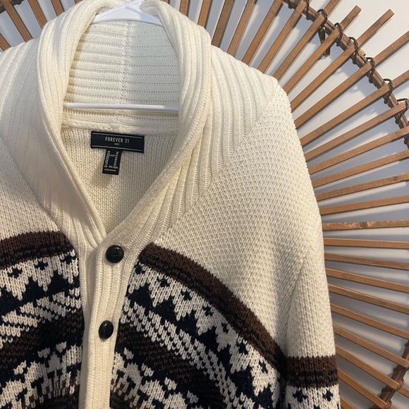 Forever 21 Men’s Cream and Black Shawl Collar Cardigan Canincore Après-Ski M - Picture 7 of 13